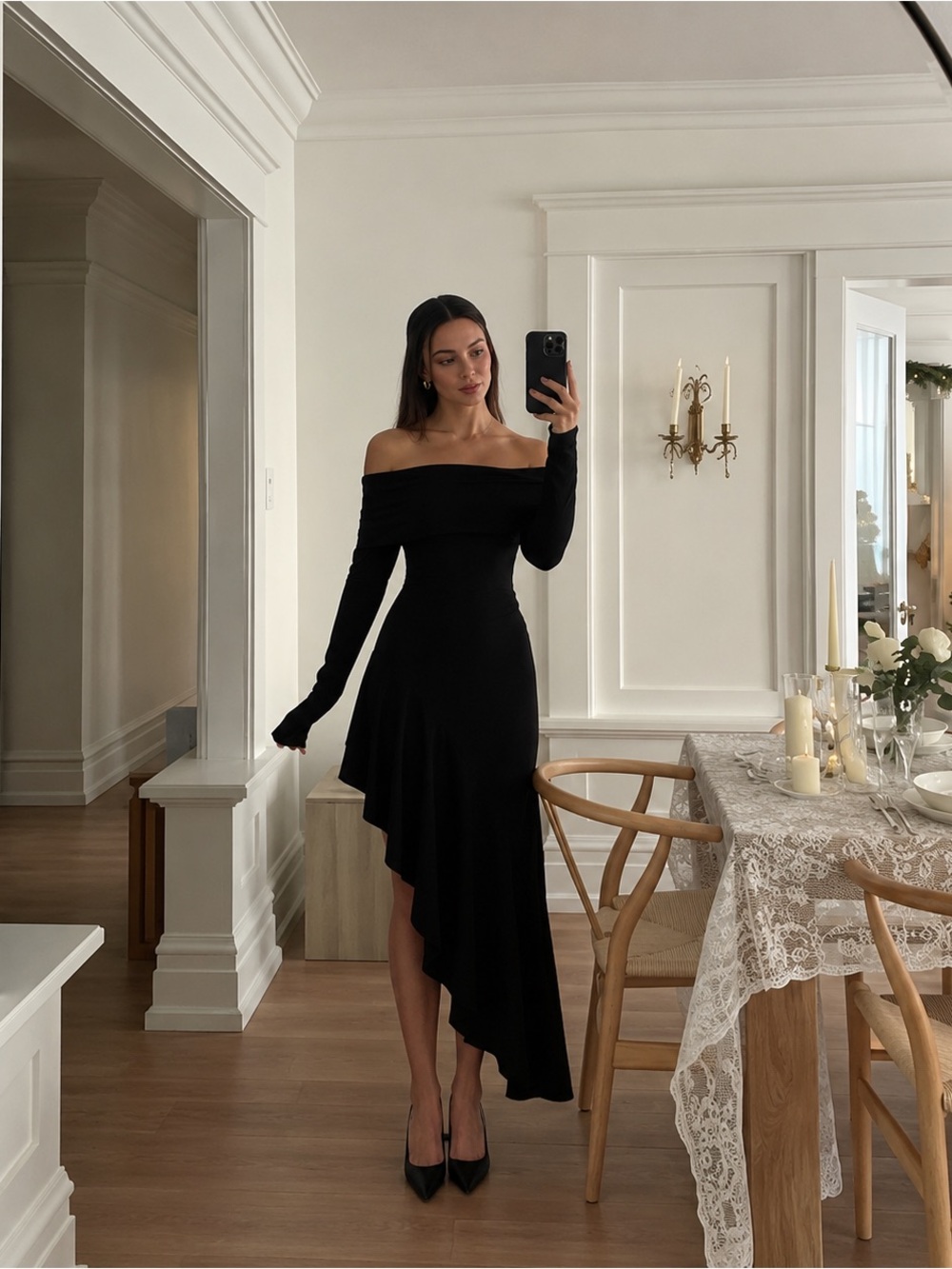Arcina Ori Bella Off-Shoulder Black Asymmetric Midi Dress XS